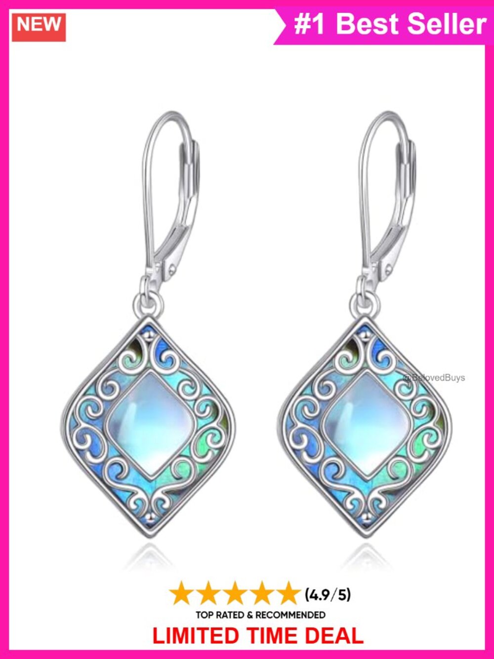 925 Sterling Silver Moonstone Abalone Filigree Teardrop Dangle Earrings